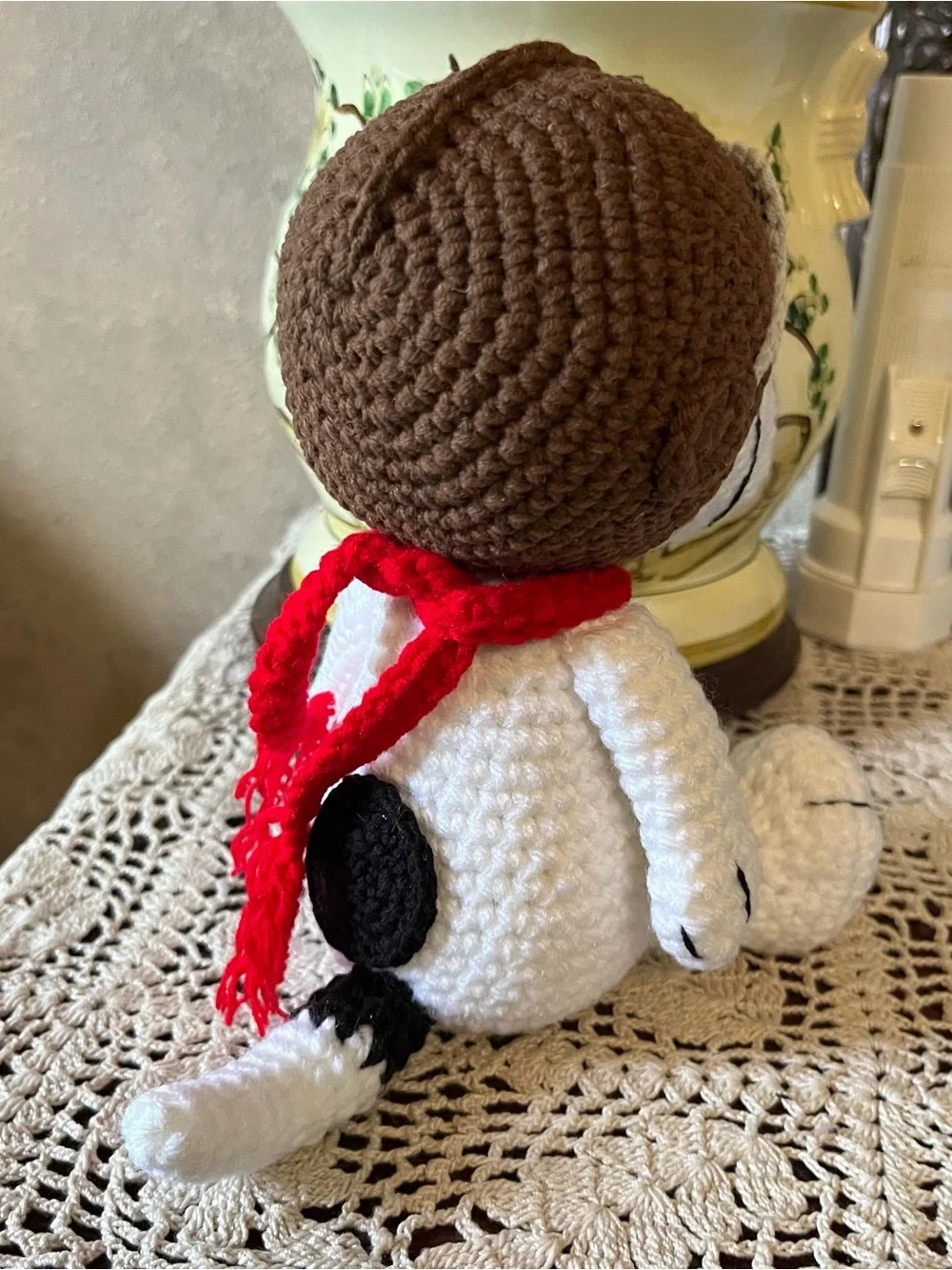 Handmade White Crochet Dog Plush with Brown Aviator Hat
